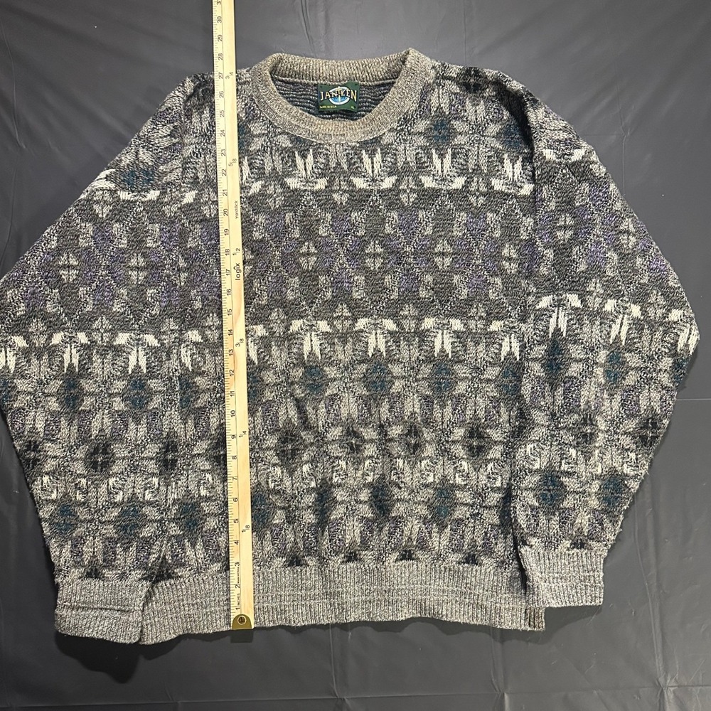 Vintage Janzen Geometric Fair Isle Knit Sweater XL Grey Purple Made in USA